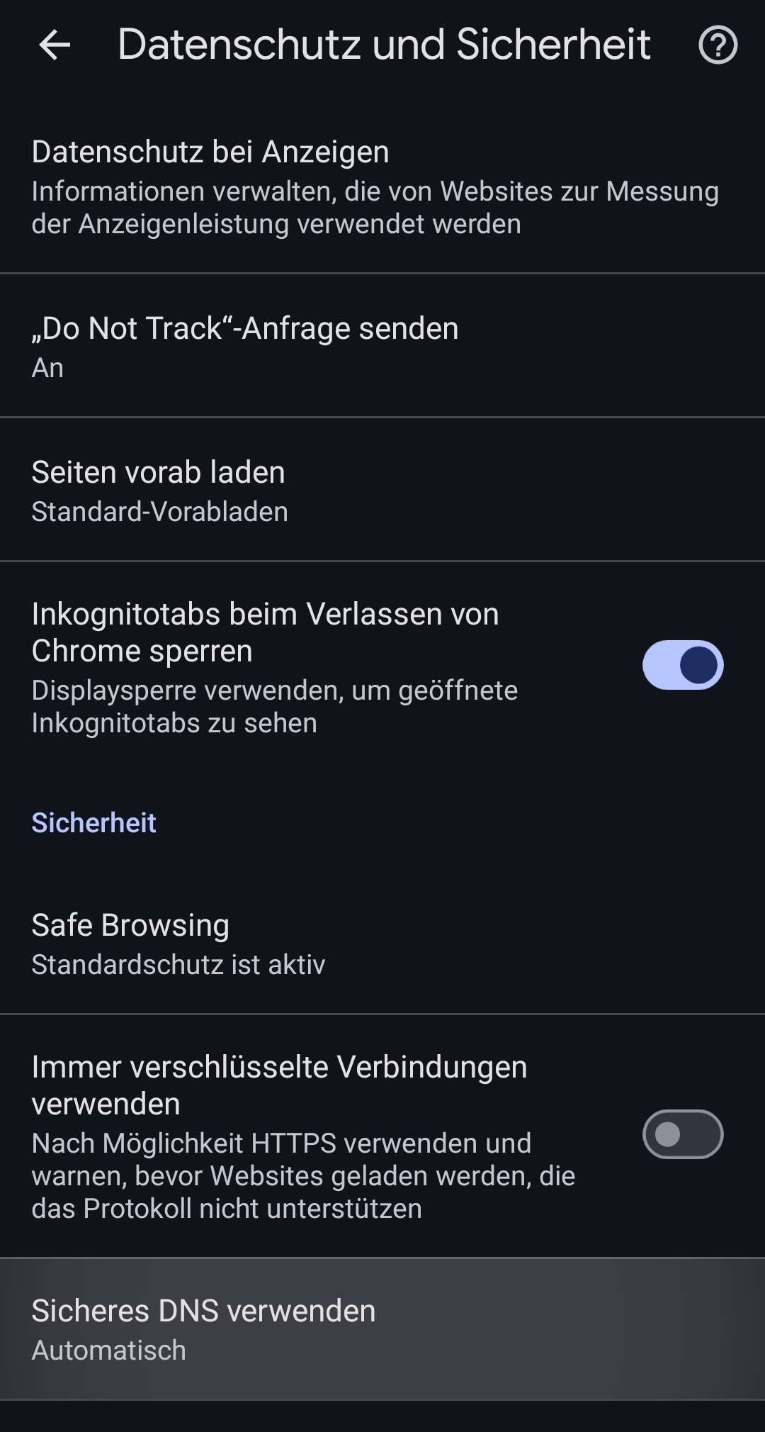 Chrome Mobile sicheres DNS